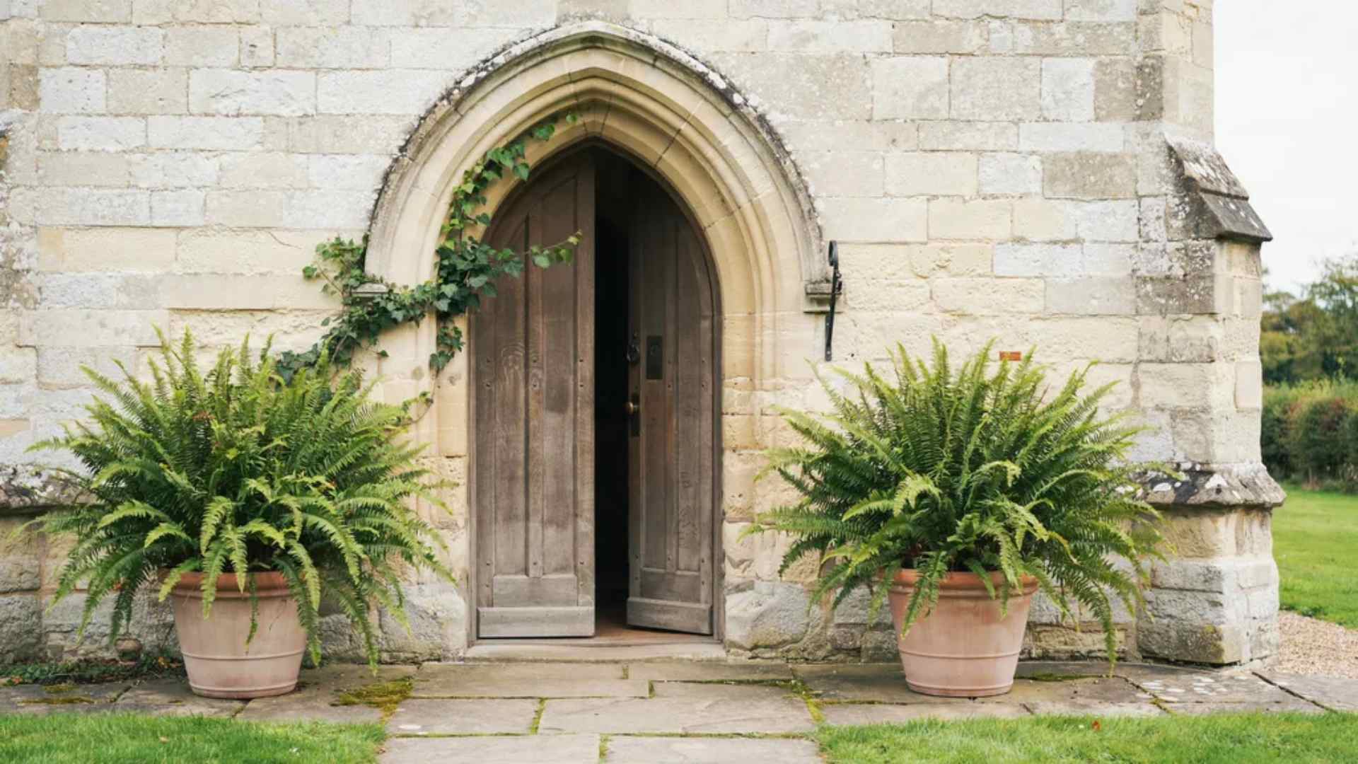 Matching potted ferns framing a church wedding entrance
