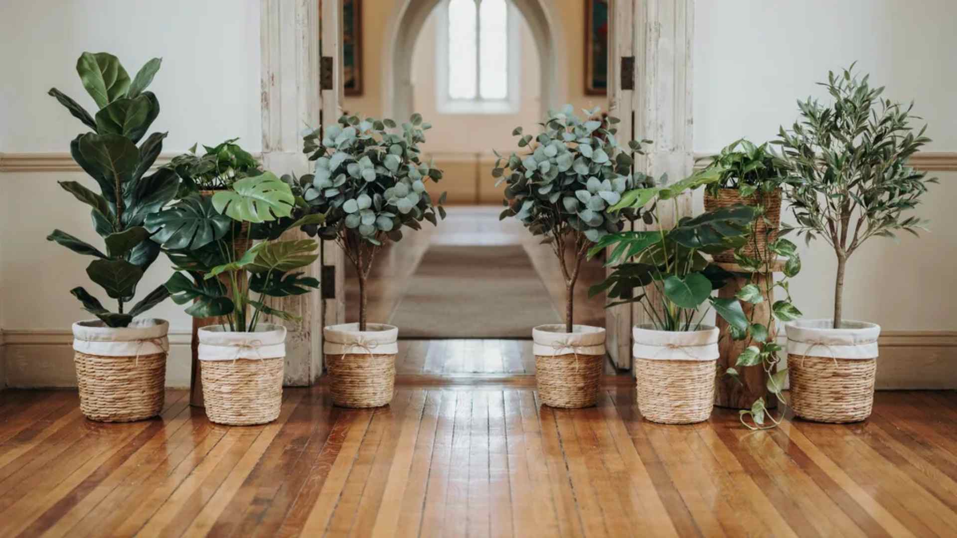 Matching potted plants decorating a church wedding entrance