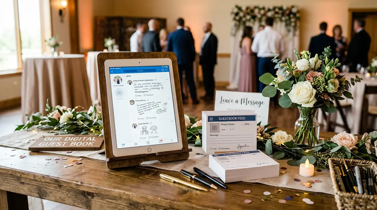 Modern wedding guest book idea featuring digital style message cards and a tablet display station