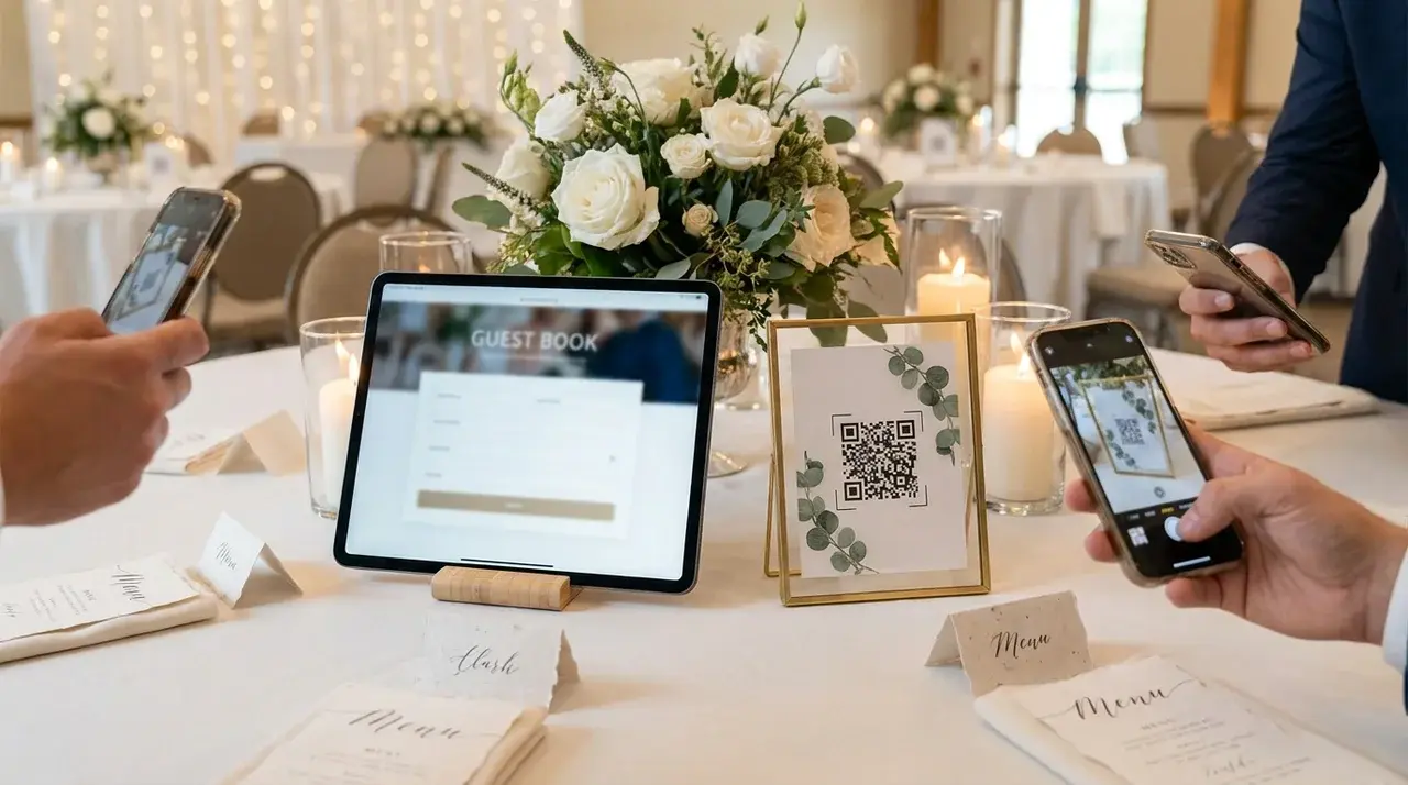 Modern wedding guest book setup with QR code card and tablet for digital guest messages