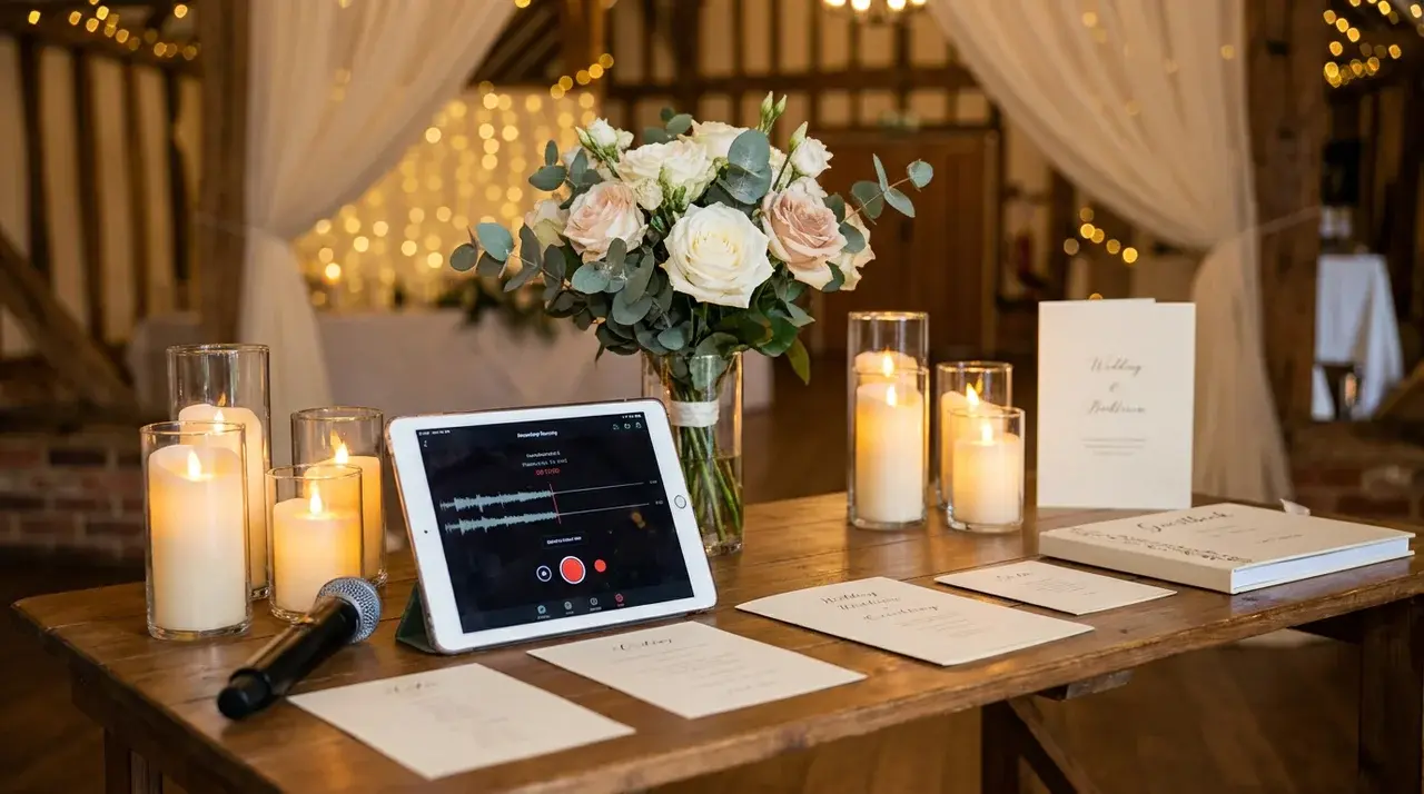 Modern wedding voice message station with recording device for guests to leave audio memories