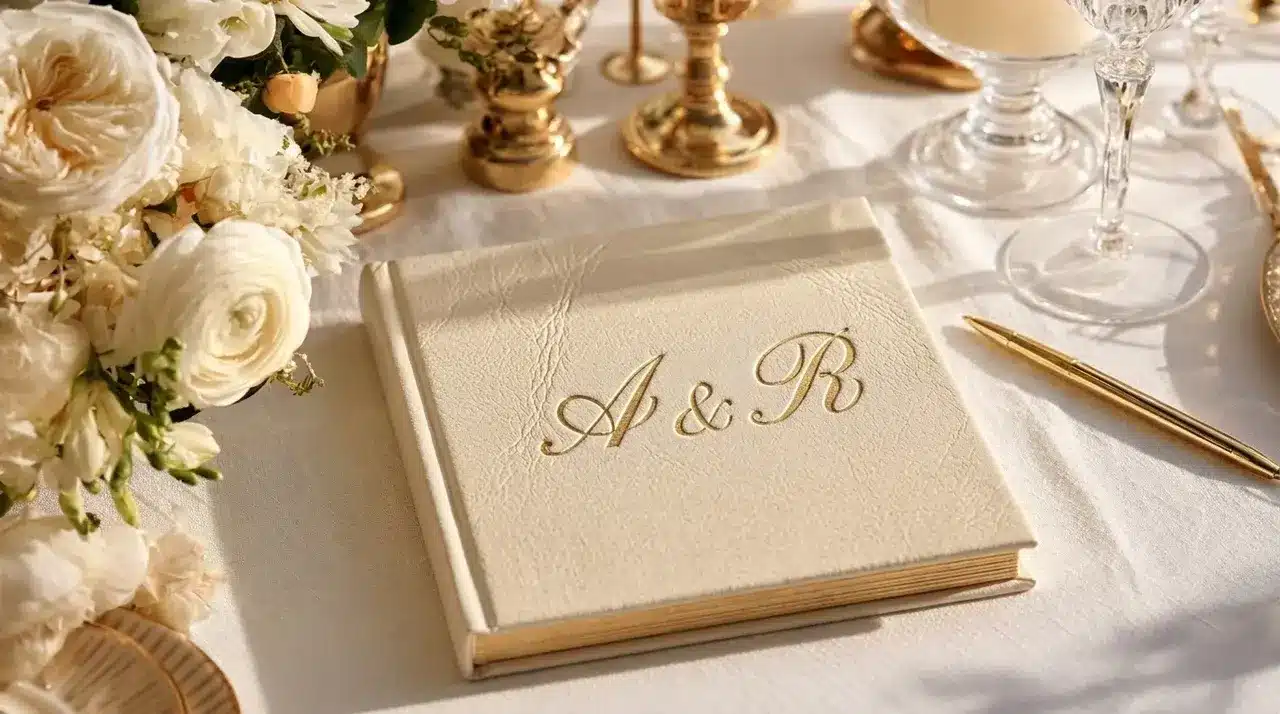 Monogrammed wedding guest book with elegant cover design displayed with floral décor and stationery details