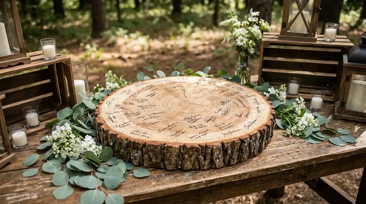 Natural wood slice guest book with guest signatures displayed for a rustic wedding theme