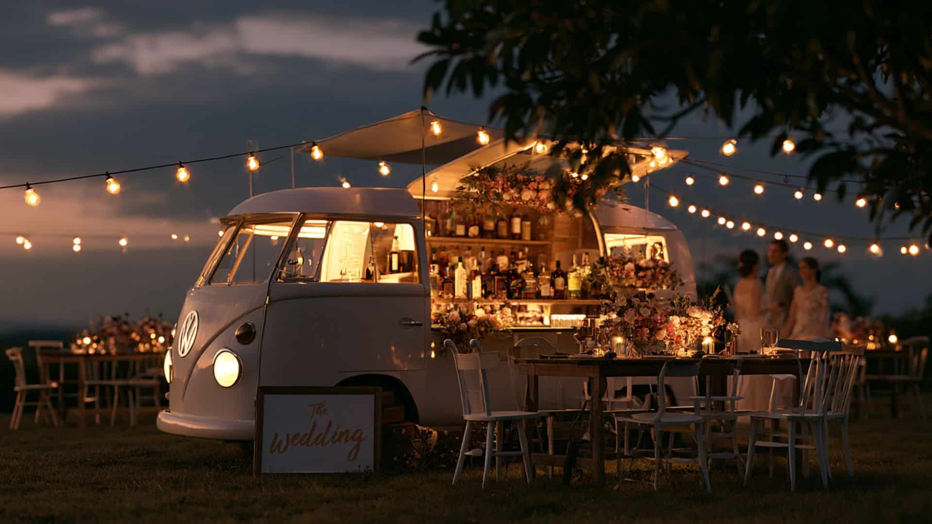 Non traditional wedding ideas featuring a food truck reception with outdoor dining, string lights, and casual guest gathering