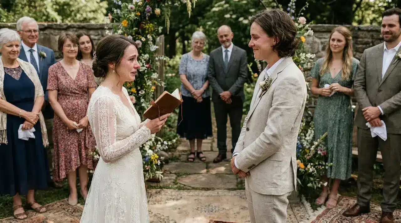 Non traditional wedding ideas featuring a garden vow ceremony with couple exchanging promises, floral arch, and intimate guests
