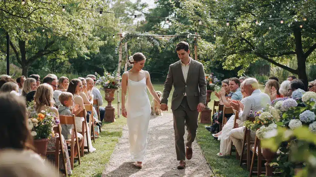 Non traditional wedding ideas featuring a garden ceremony with newlyweds walking aisle, floral decor, and outdoor guest seating