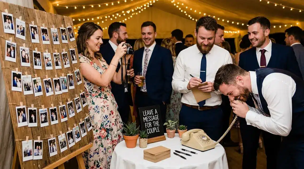 Non traditional wedding ideas featuring a guest photo wall, message station, and interactive reception activity under lights