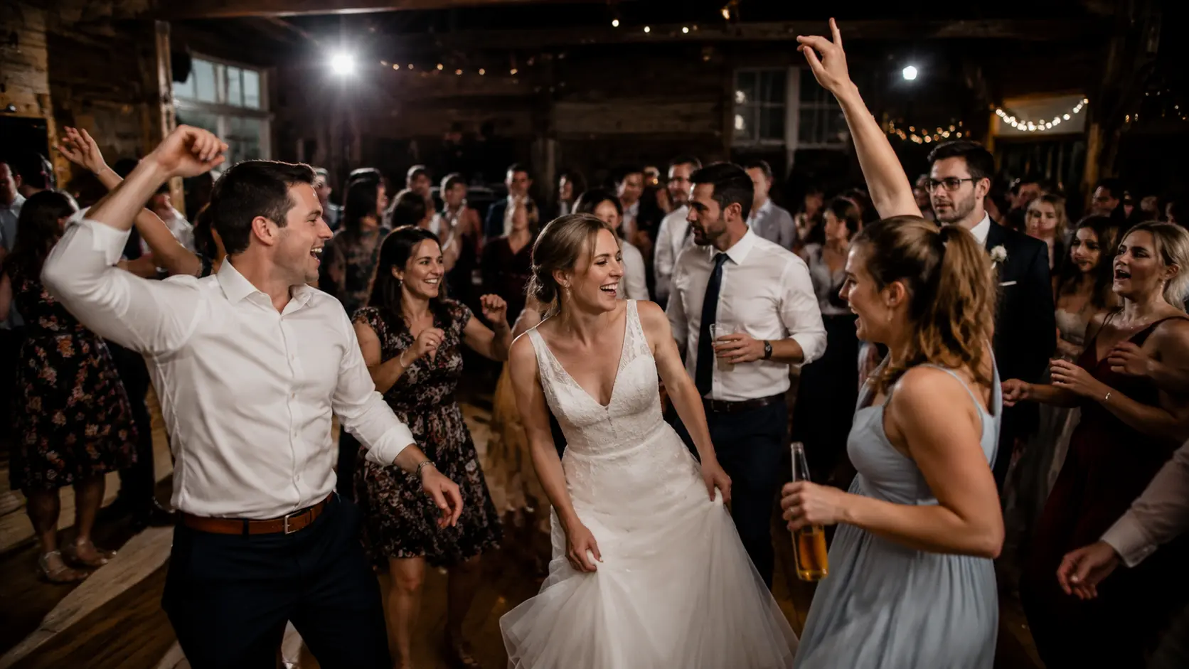 Non traditional wedding ideas featuring a lively barn reception dance floor with guests celebrating and couple dancing together