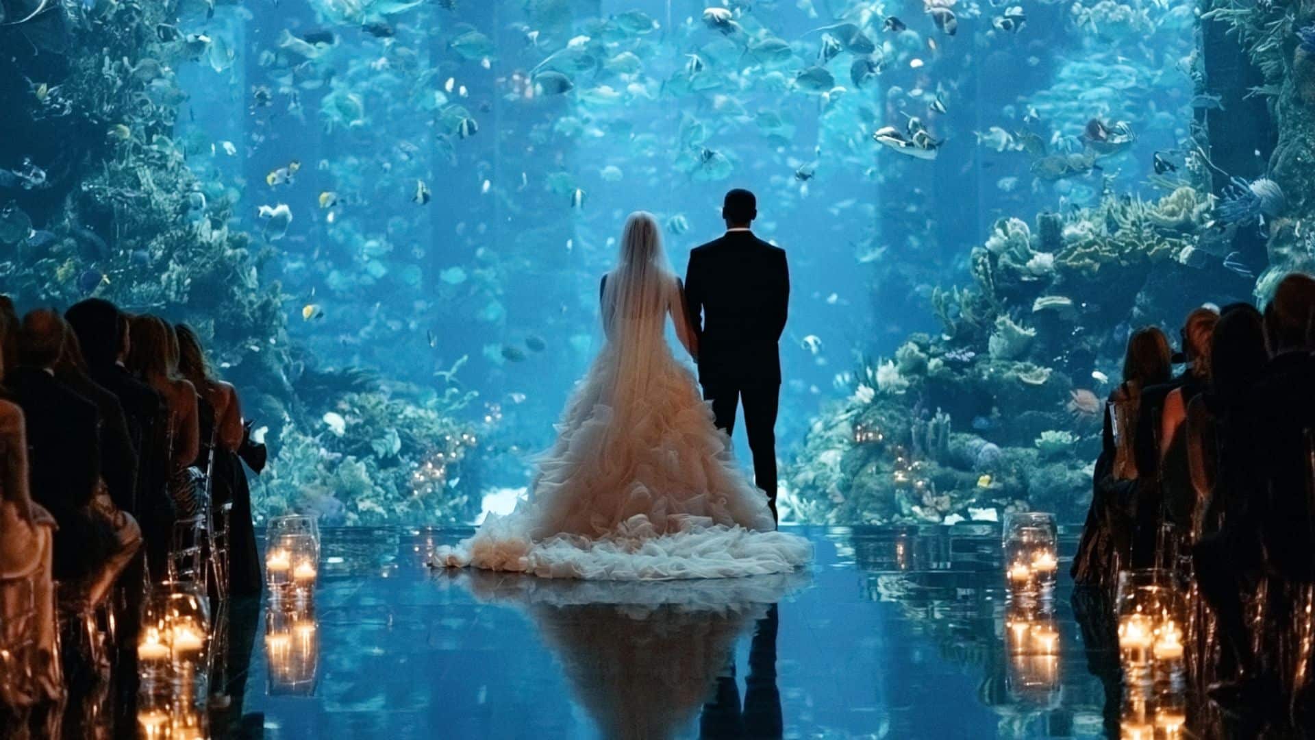 Non traditional wedding ideas featuring a museum ceremony with dinosaur exhibits, floral aisle decor, and elegant guest seating