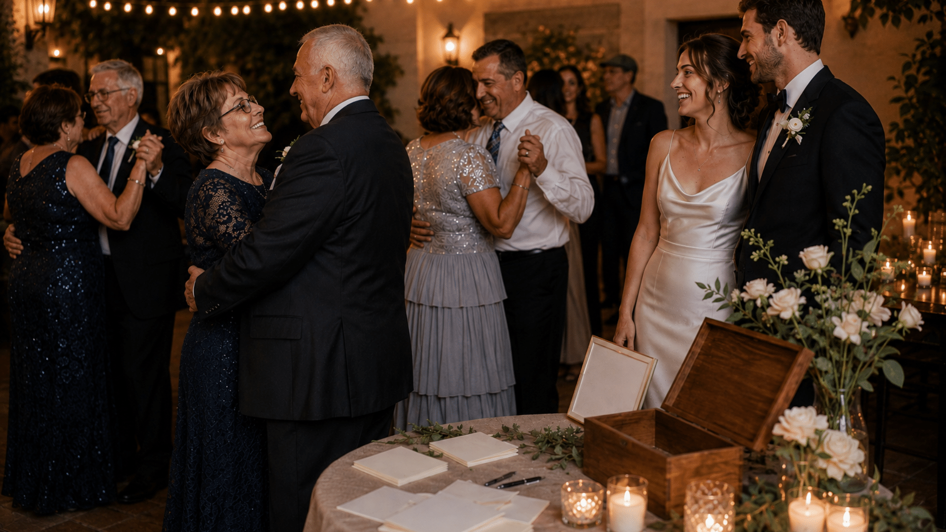 Non traditional wedding ideas featuring a rustic barn reception with family dance moment, string lights, and advice table setup