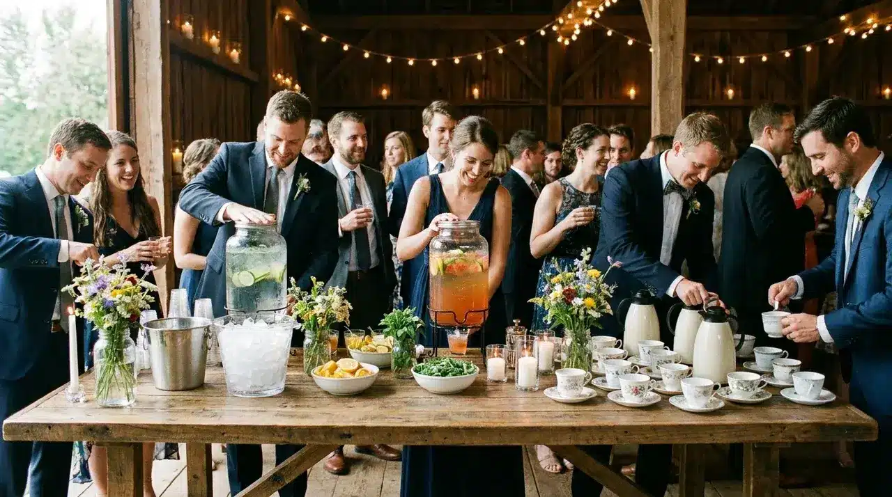 Non traditional wedding ideas featuring a rustic barn drink station with self serve beverages, floral decor, and guests