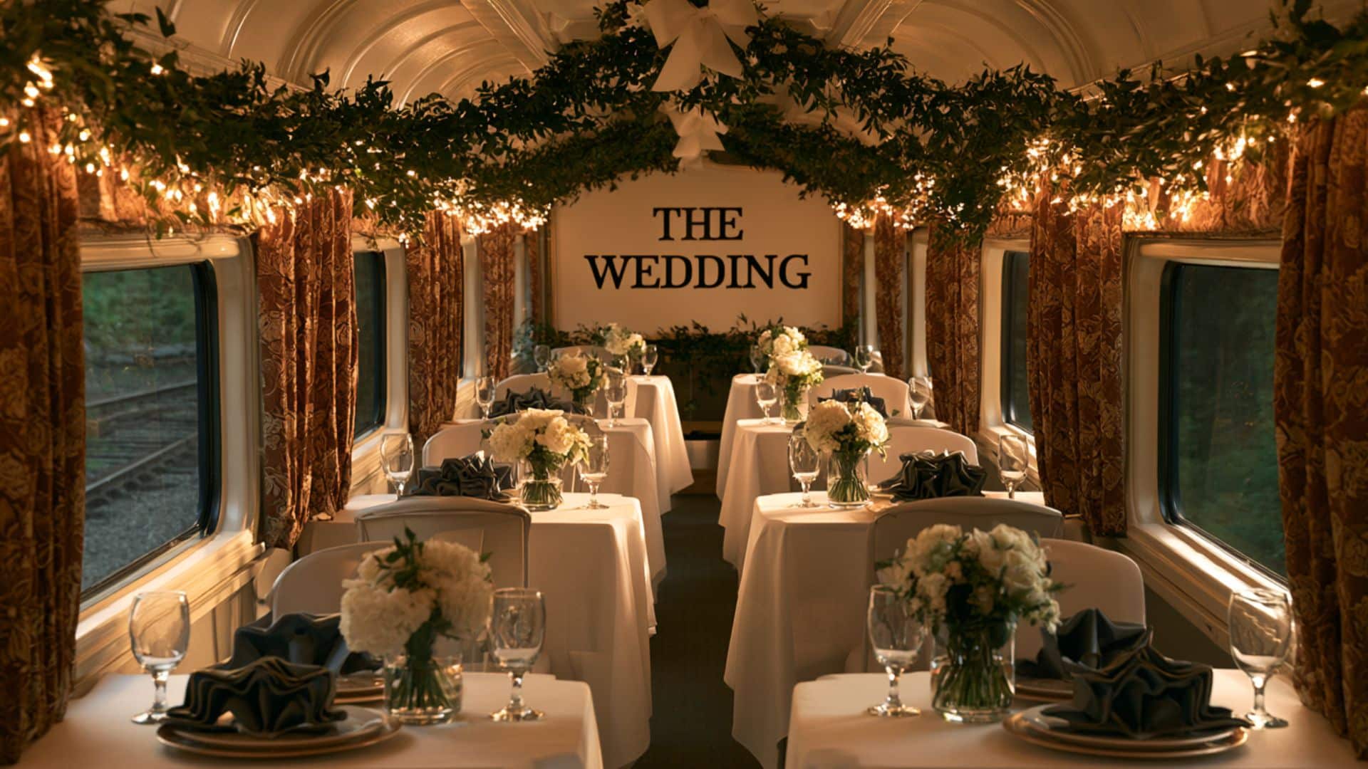Non traditional wedding ideas featuring a scenic train ceremony with newlyweds and guests celebrating in a vintage carriage