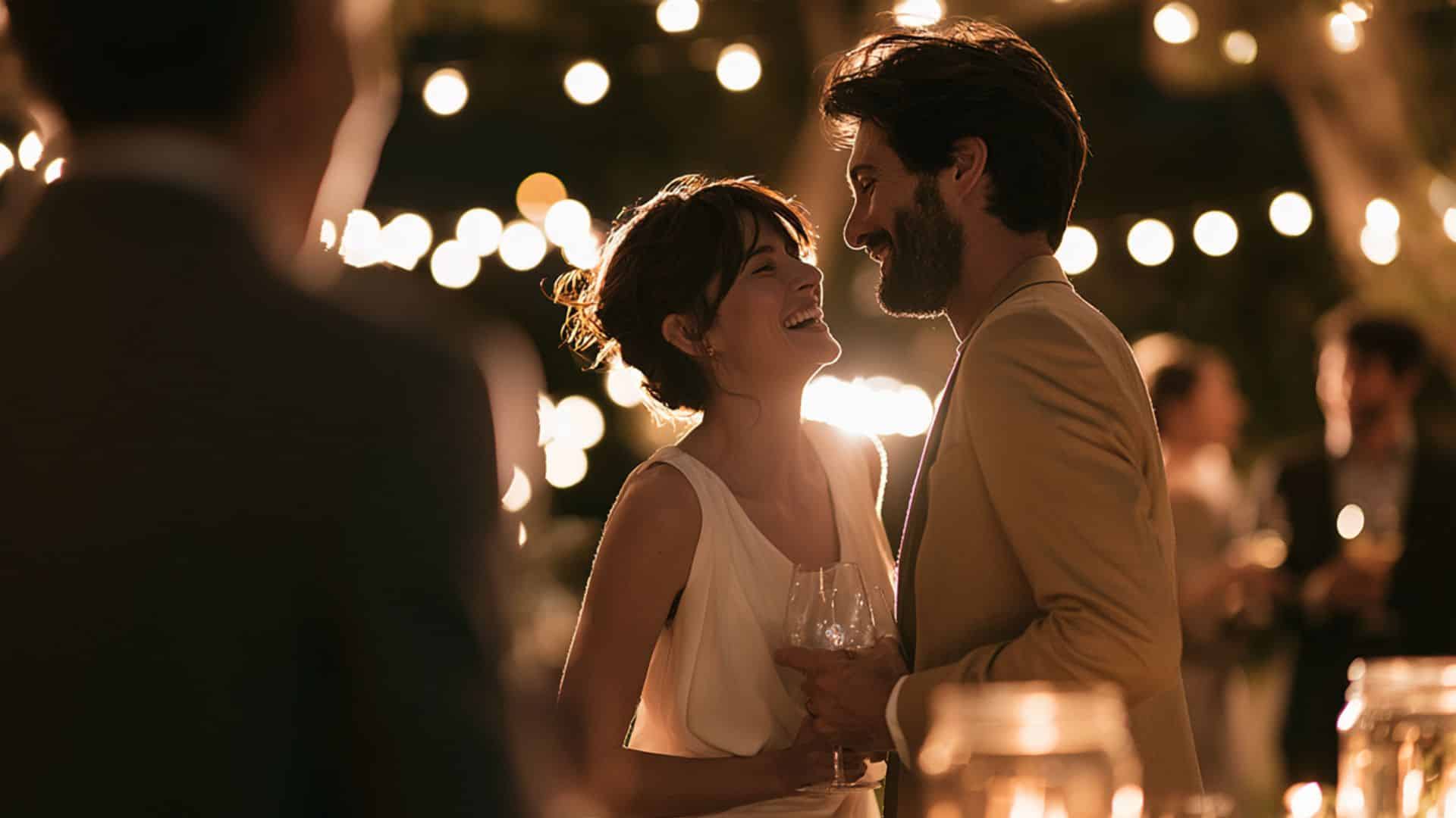 Non traditional wedding ideas featuring a cocktail reception with outdoor mingling, round tables, string lights, and guests