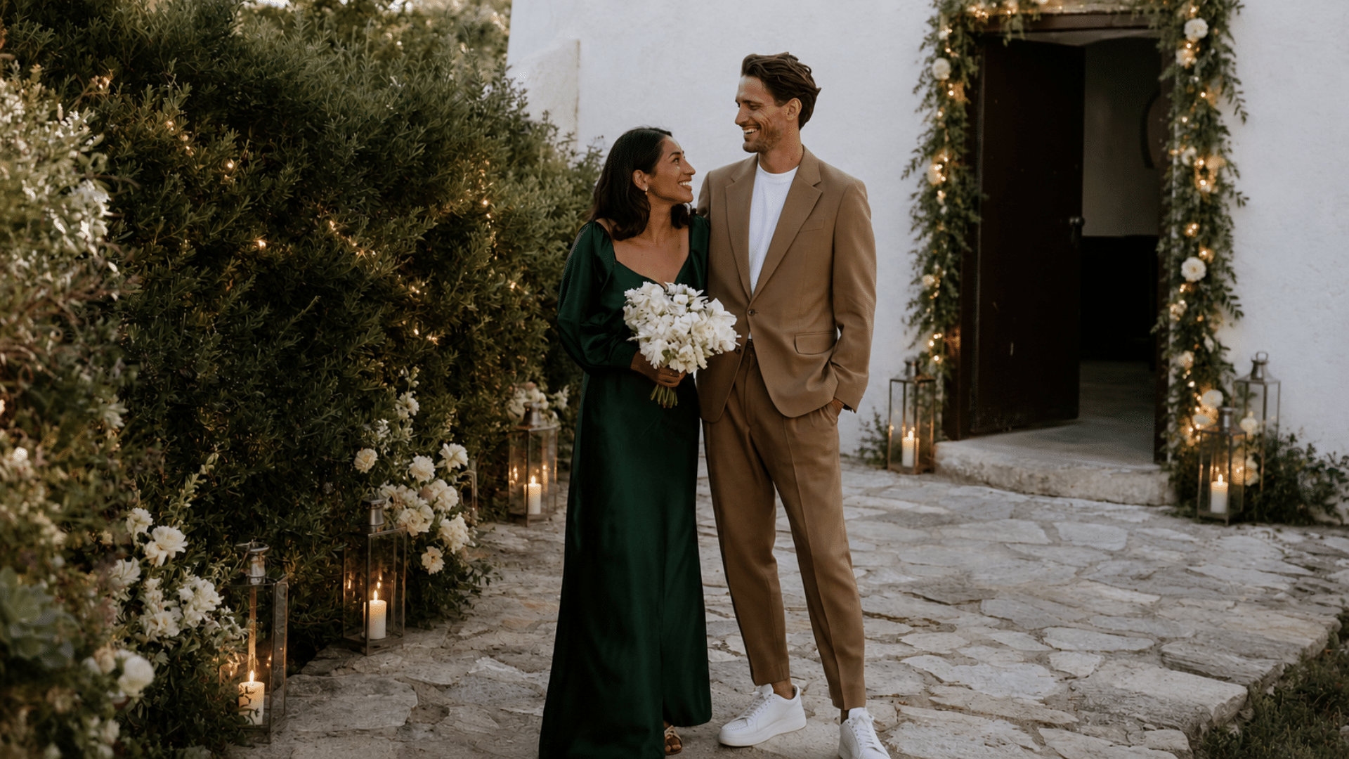 Non traditional wedding ideas featuring a colorful outdoor reception with unique attire, floral tables, and intimate celebration