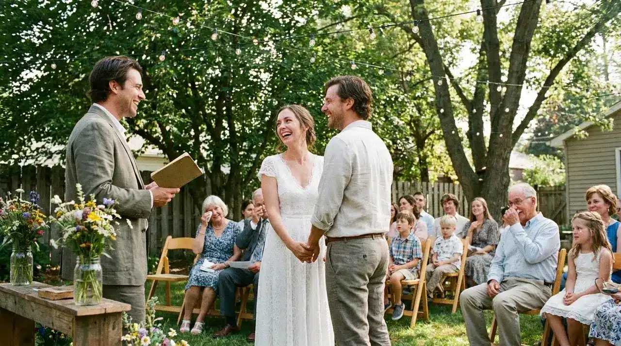 Non traditional wedding ideas featuring a backyard ceremony with couple exchanging vows, guests seated, and natural floral decor