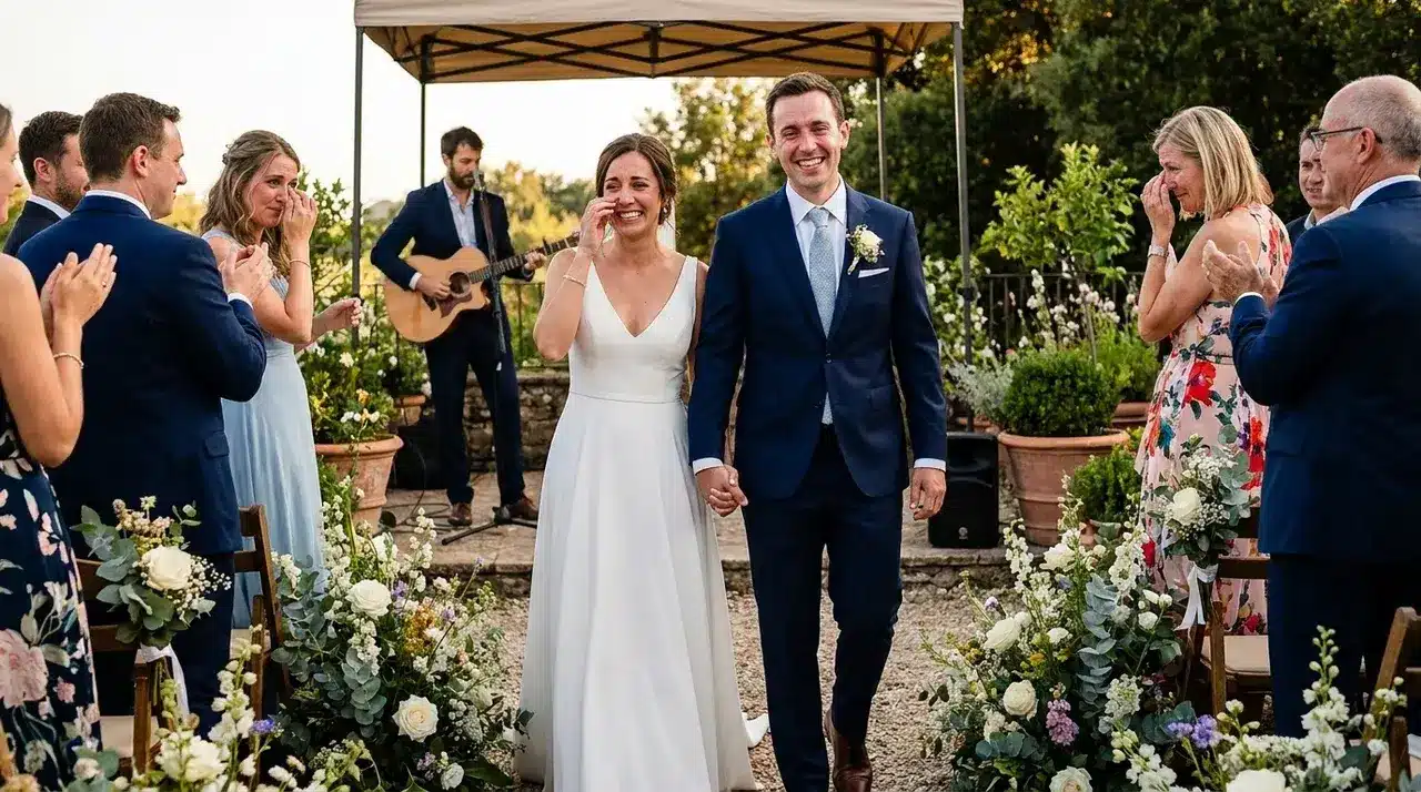 Non traditional wedding ideas featuring an outdoor ceremony with live music, floral aisle decor, and newlyweds celebrating together
