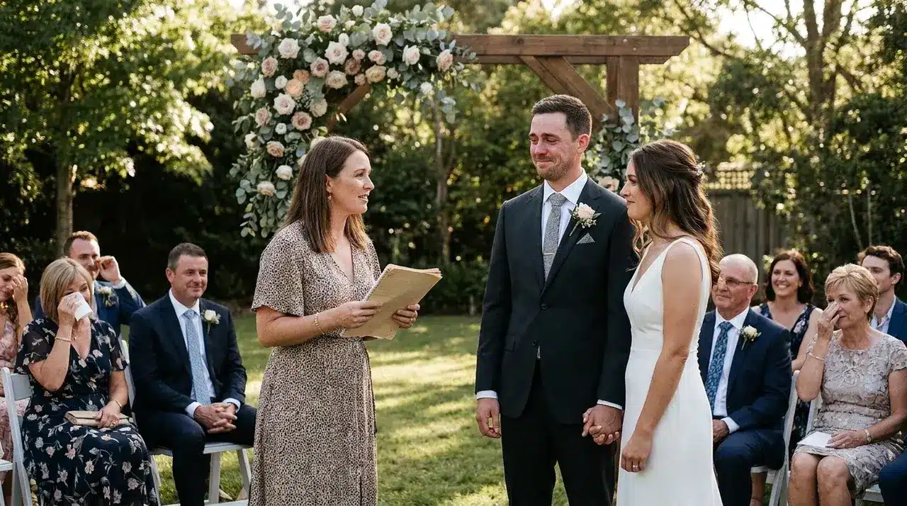 Non traditional wedding ideas featuring an outdoor ceremony with floral arch, personalized vows, and guests in garden setting