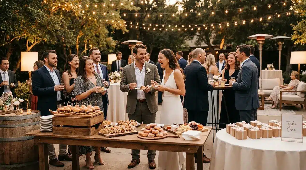 Non traditional wedding ideas featuring an outdoor food station with grazing tables, cocktail setup, and guests socializing