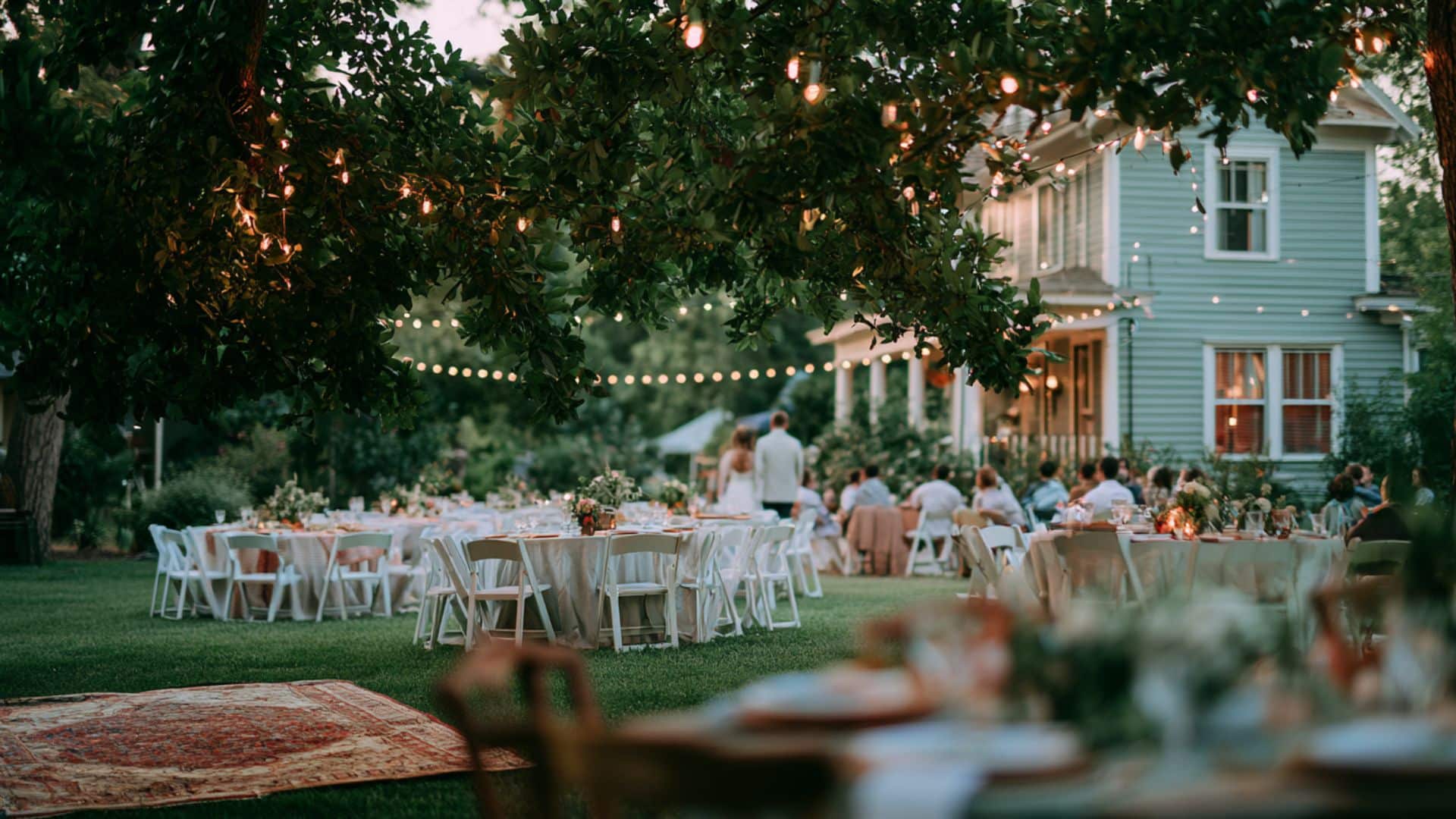 Non traditional wedding ideas with a backyard ceremony setup featuring floral arch, lawn seating, and rustic venue decor