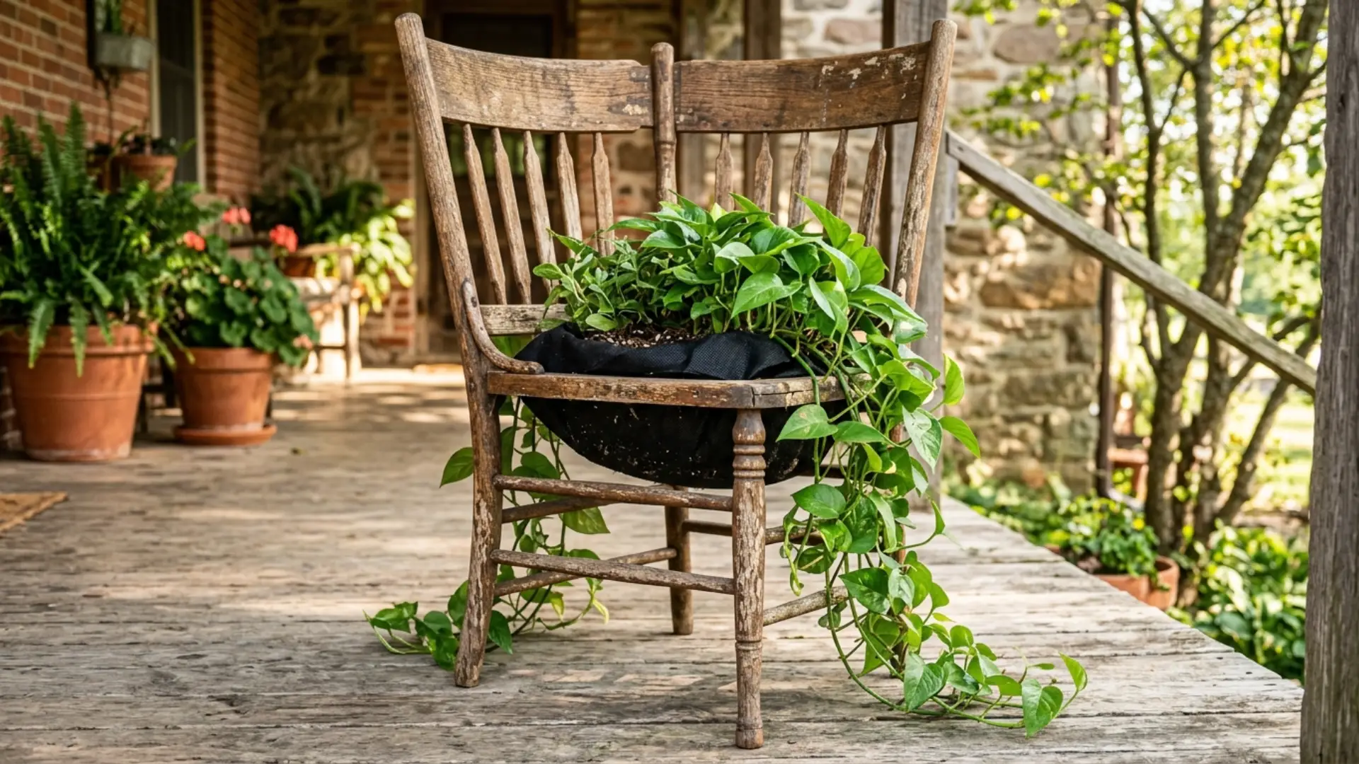 Old wooden chair transformed into a garden planter with green trailing plants creating a unique outdoor decor idea