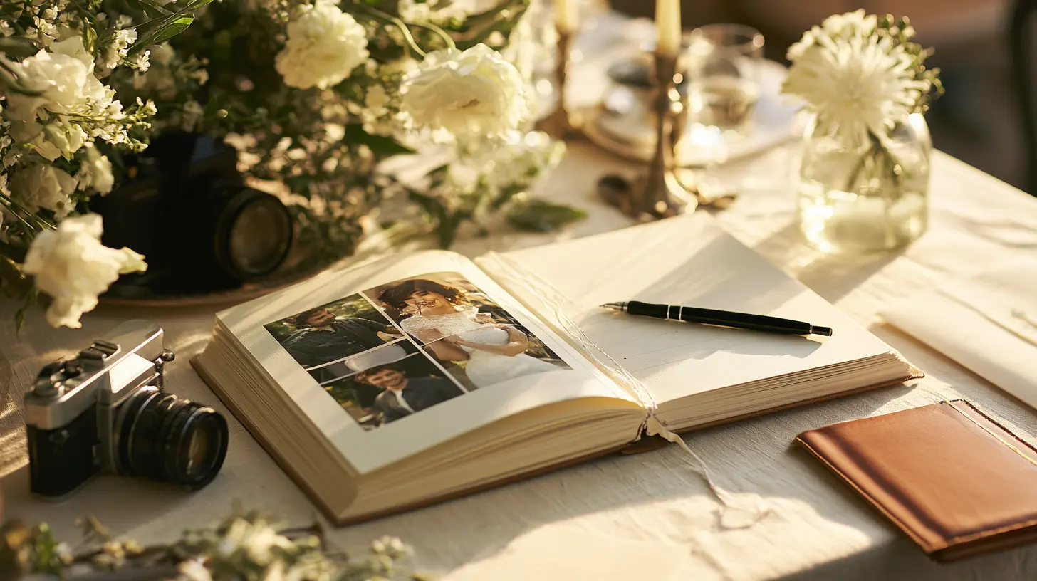 Open wedding photo guest book album showing couple pictures blank pages and a pen on reception table