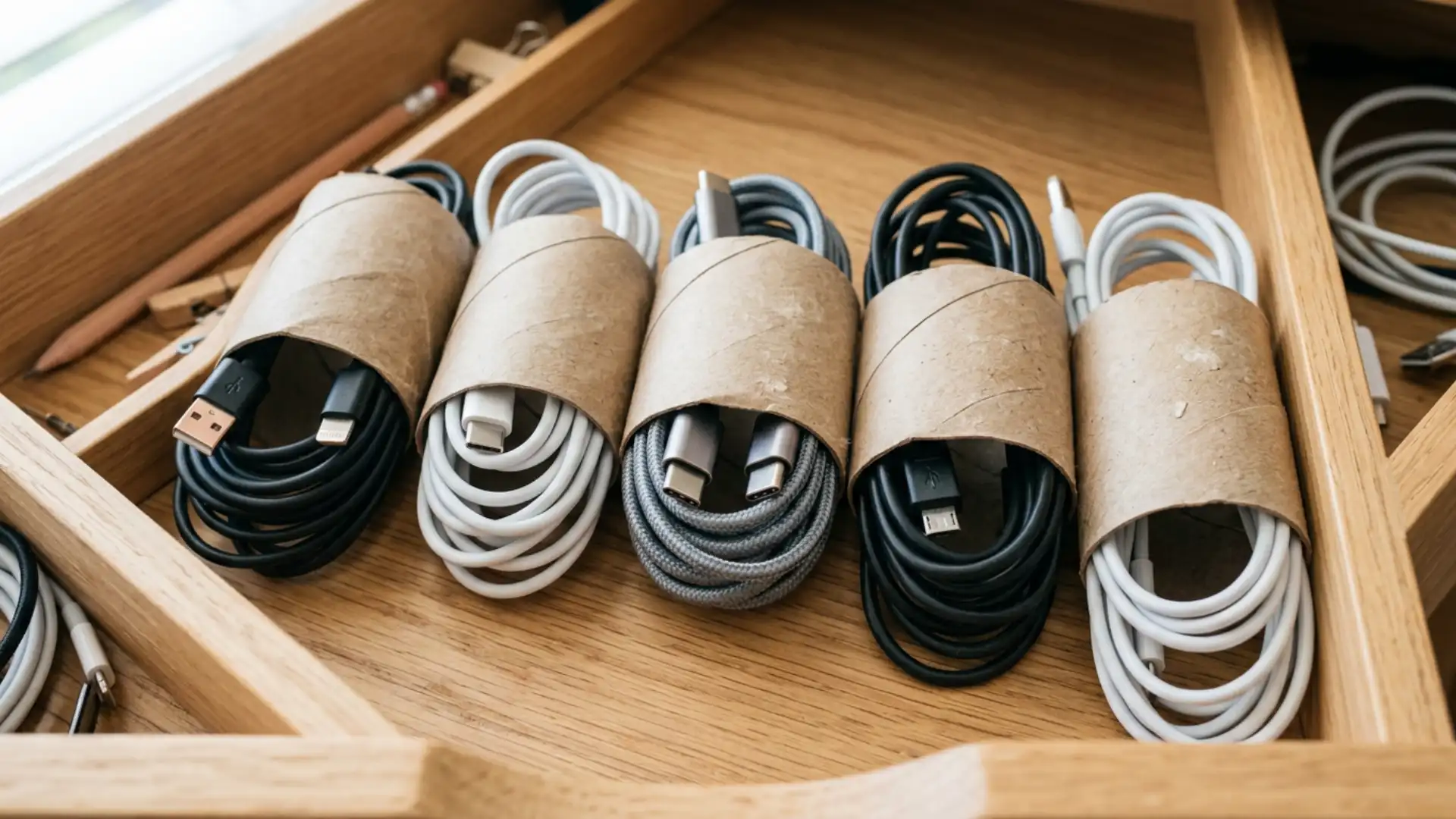 Organized charging cables stored in cardboard holders inside a wooden drawer creating a neat tech storage solution