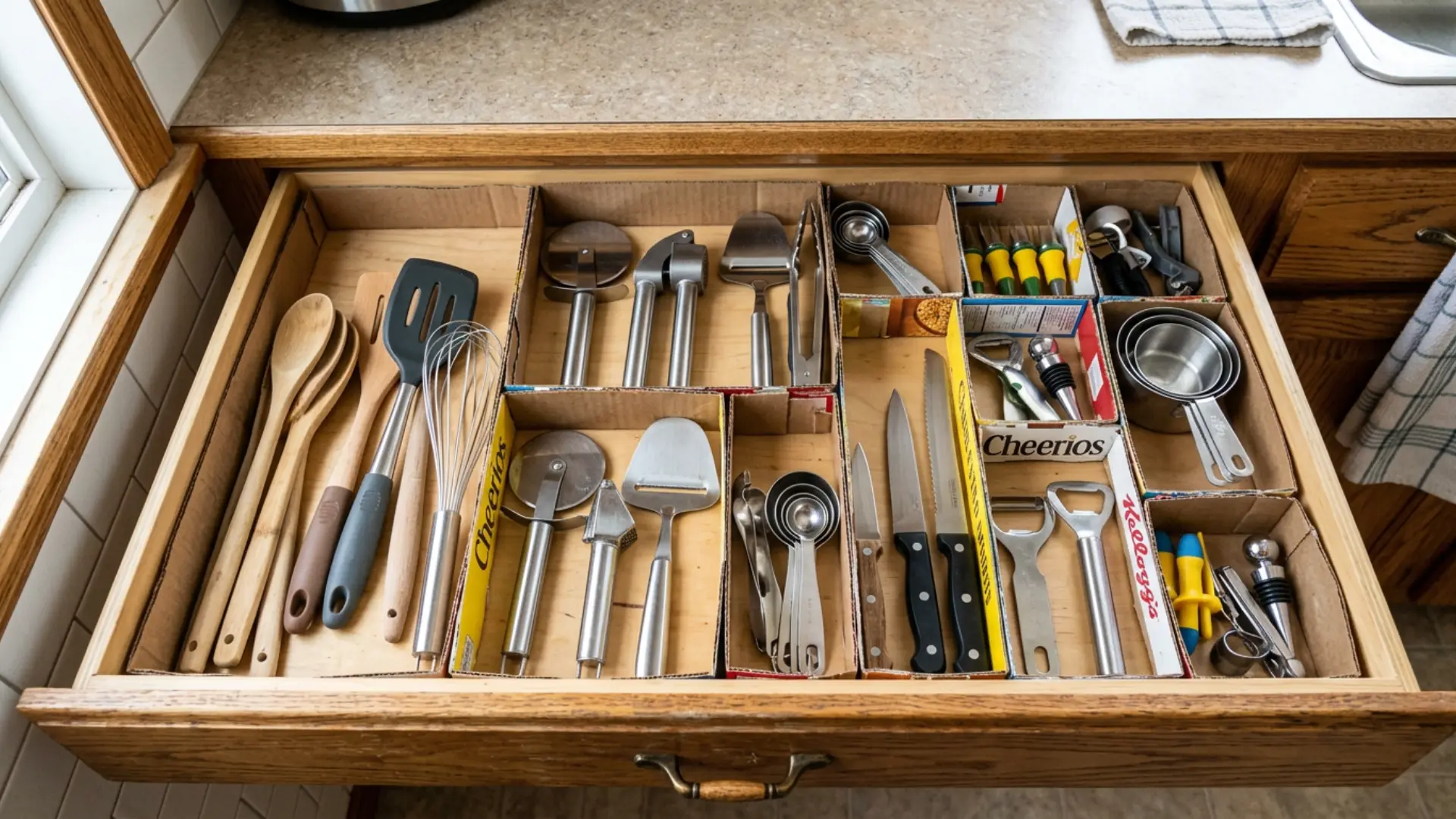 Organized kitchen drawer with cardboard dividers holding utensils measuring cups knives and cooking tools neatly arranged