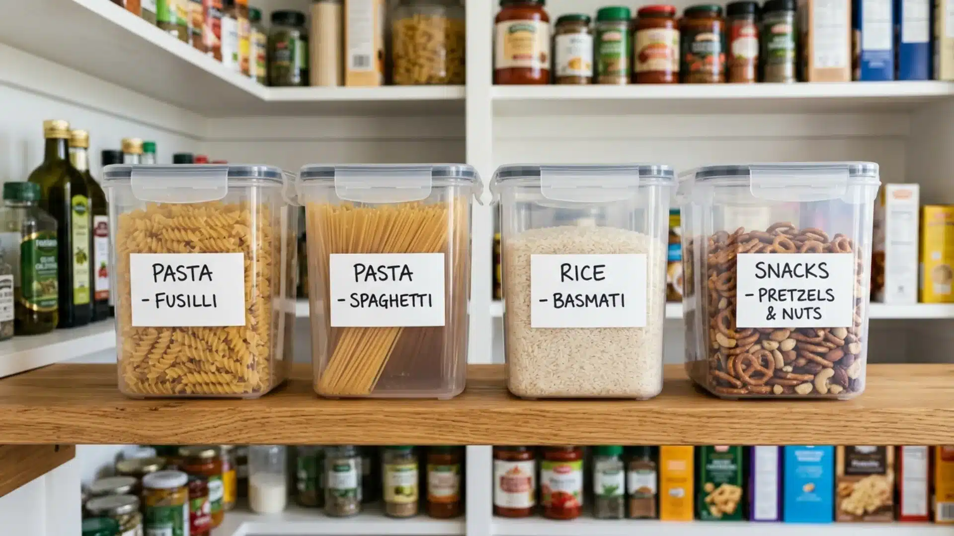 Organized pantry shelf with labeled containers storing pasta rice and snacks for a neat kitchen storage solution
