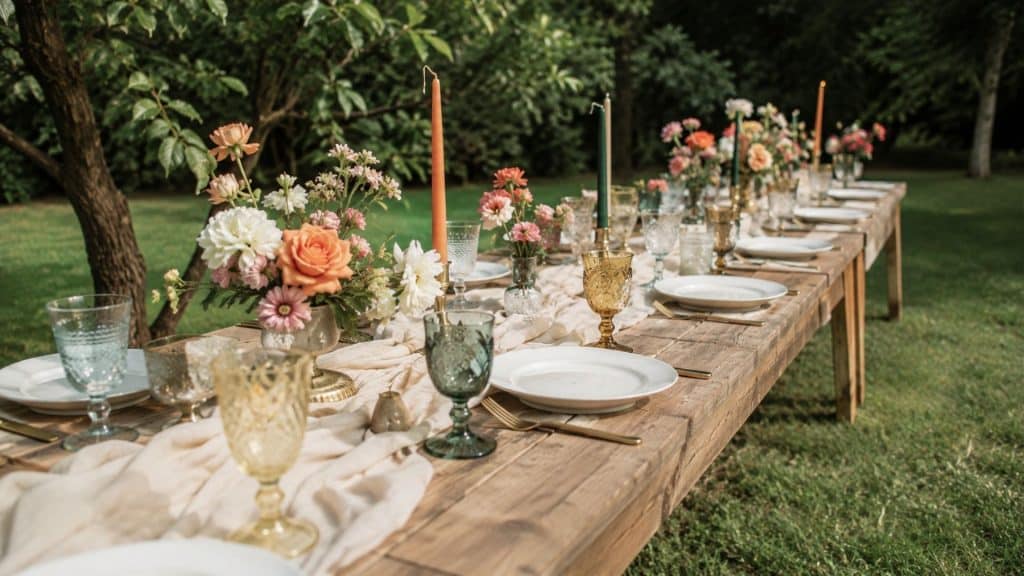 Rustic outdoor wedding table with floral centerpieces, candles, vintage glassware, and elegant garden decor on wooden tables