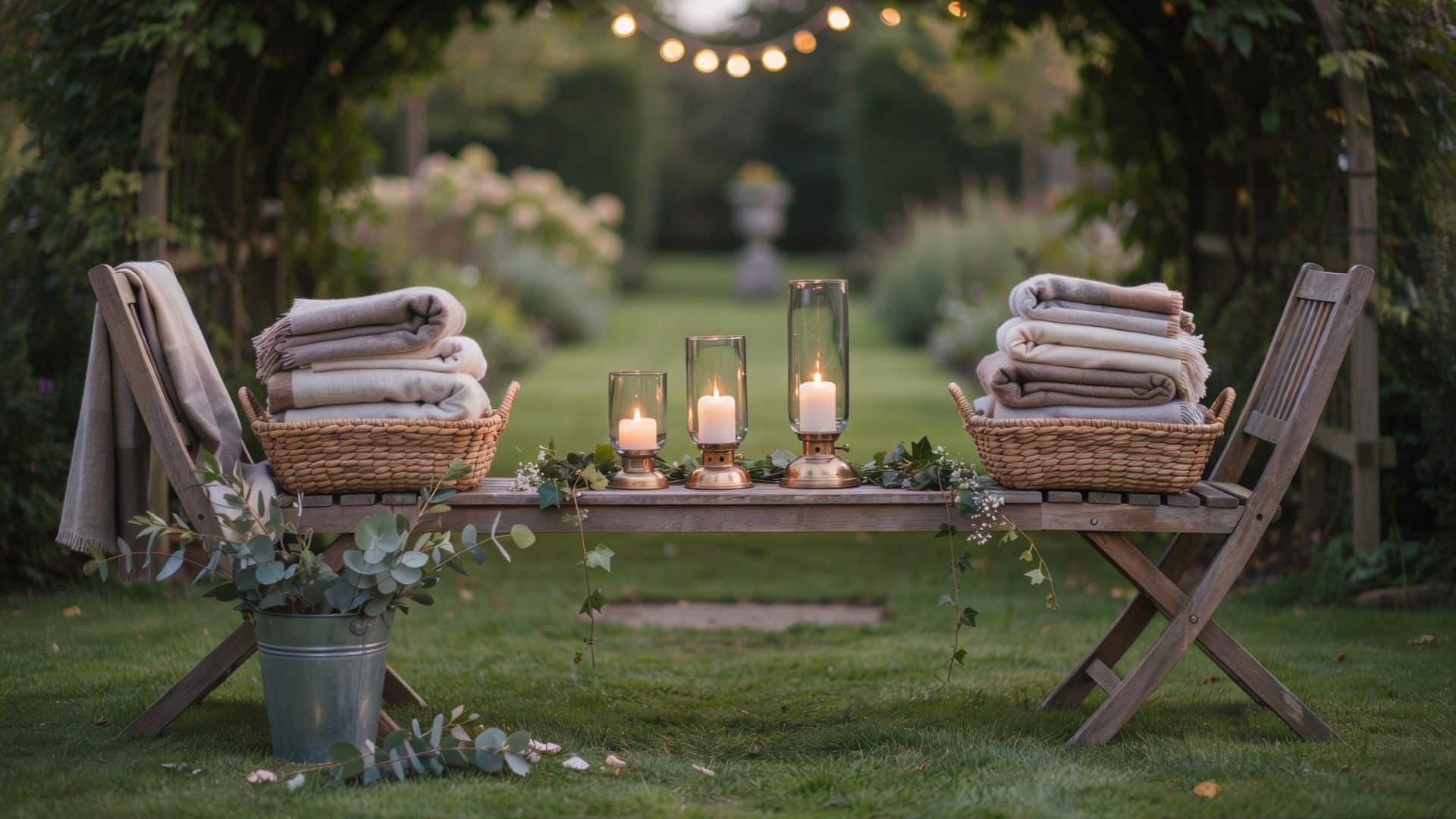 Outdoor wedding blanket station with folded throws, candles, greenery, and baskets arranged beneath string lights
