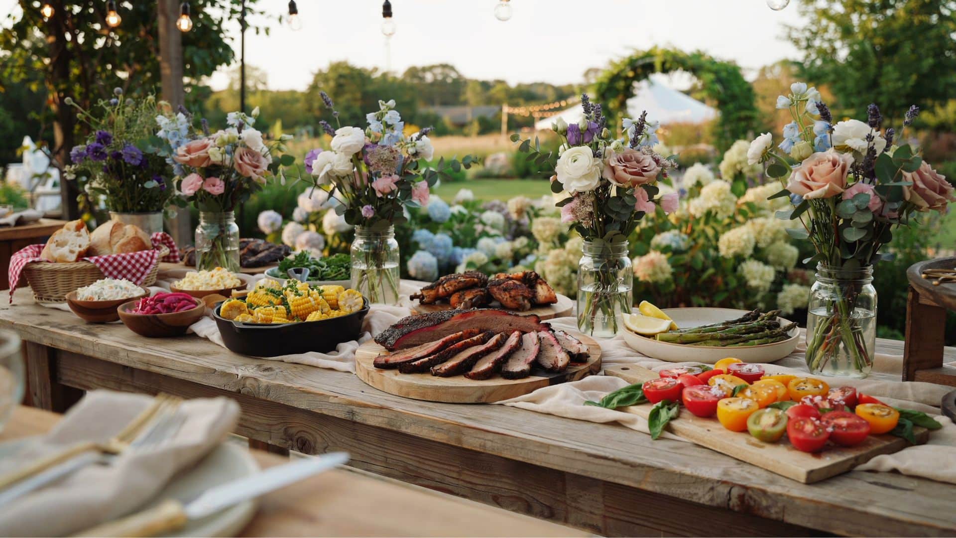 Outdoor wedding buffet table featuring grilled food, fresh vegetables, bread, and floral arrangements in jars