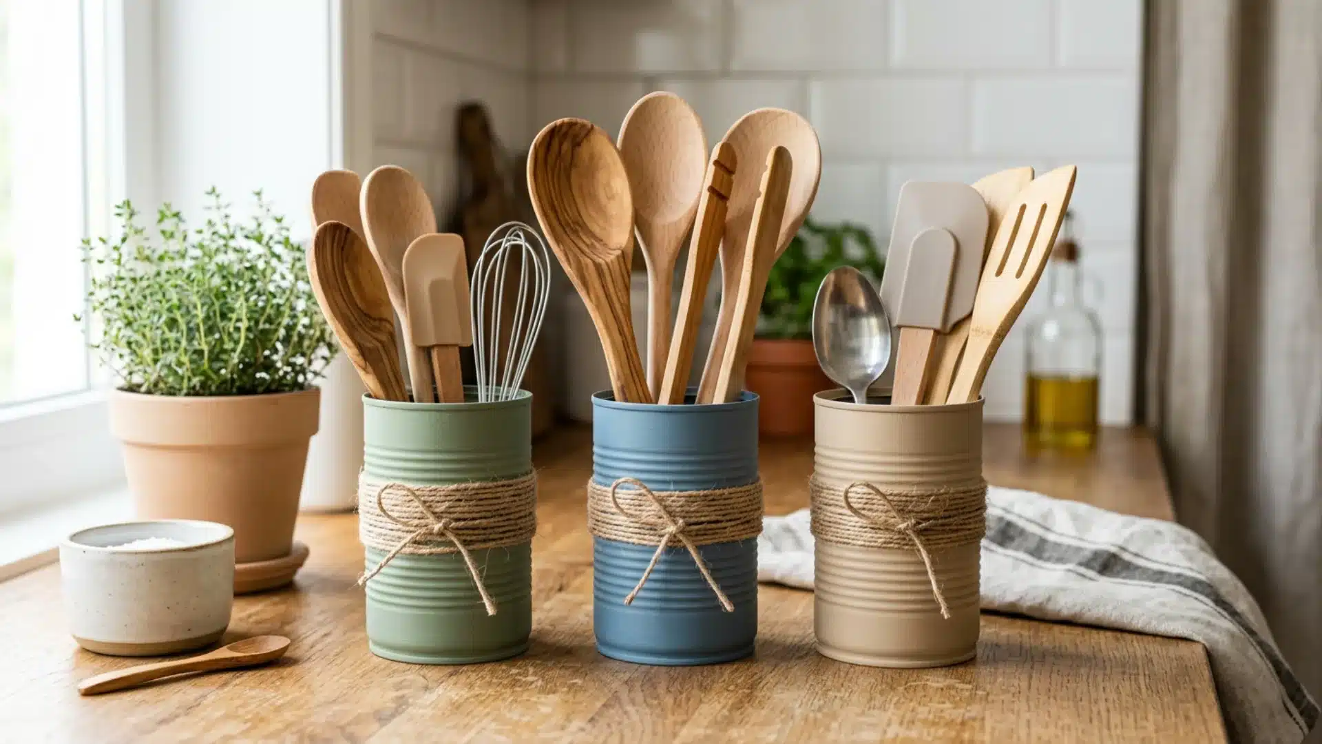 Painted tin cans transformed into kitchen utensil holders with wooden spoons whisks and rustic handmade decor details
