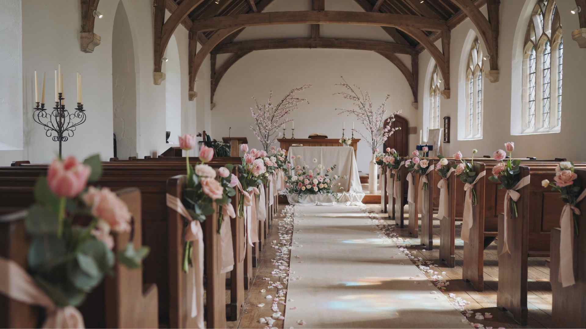 Pastel spring flowers decorating a church wedding ceremony