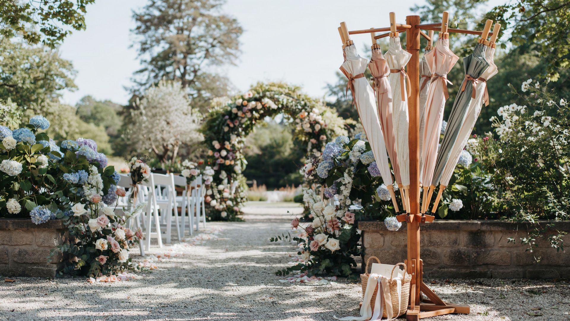 Pastel umbrellas hang from a wooden stand beside an elegant flower-filled outdoor wedding ceremony with white chairs