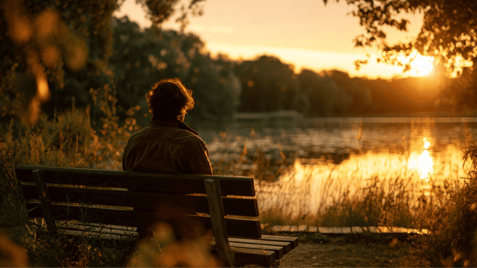 Person quietly watching a sunset from a park bench beside a calm lake.