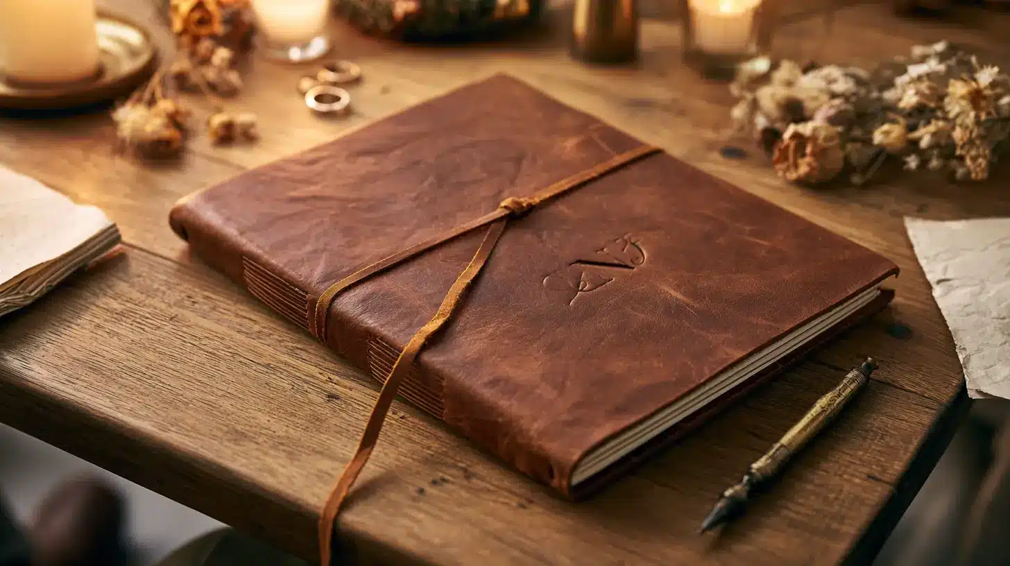 Personalized leather wedding guest book with embossed cover placed on a decorated table with pen and flowers
