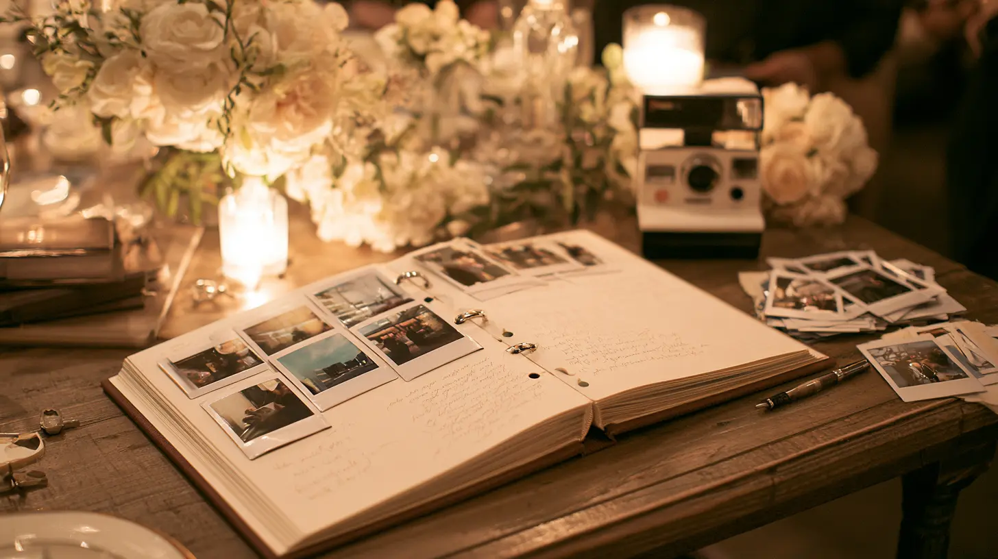 Polaroid photo guest book with instant pictures, handwritten notes, camera, and wedding table decorations