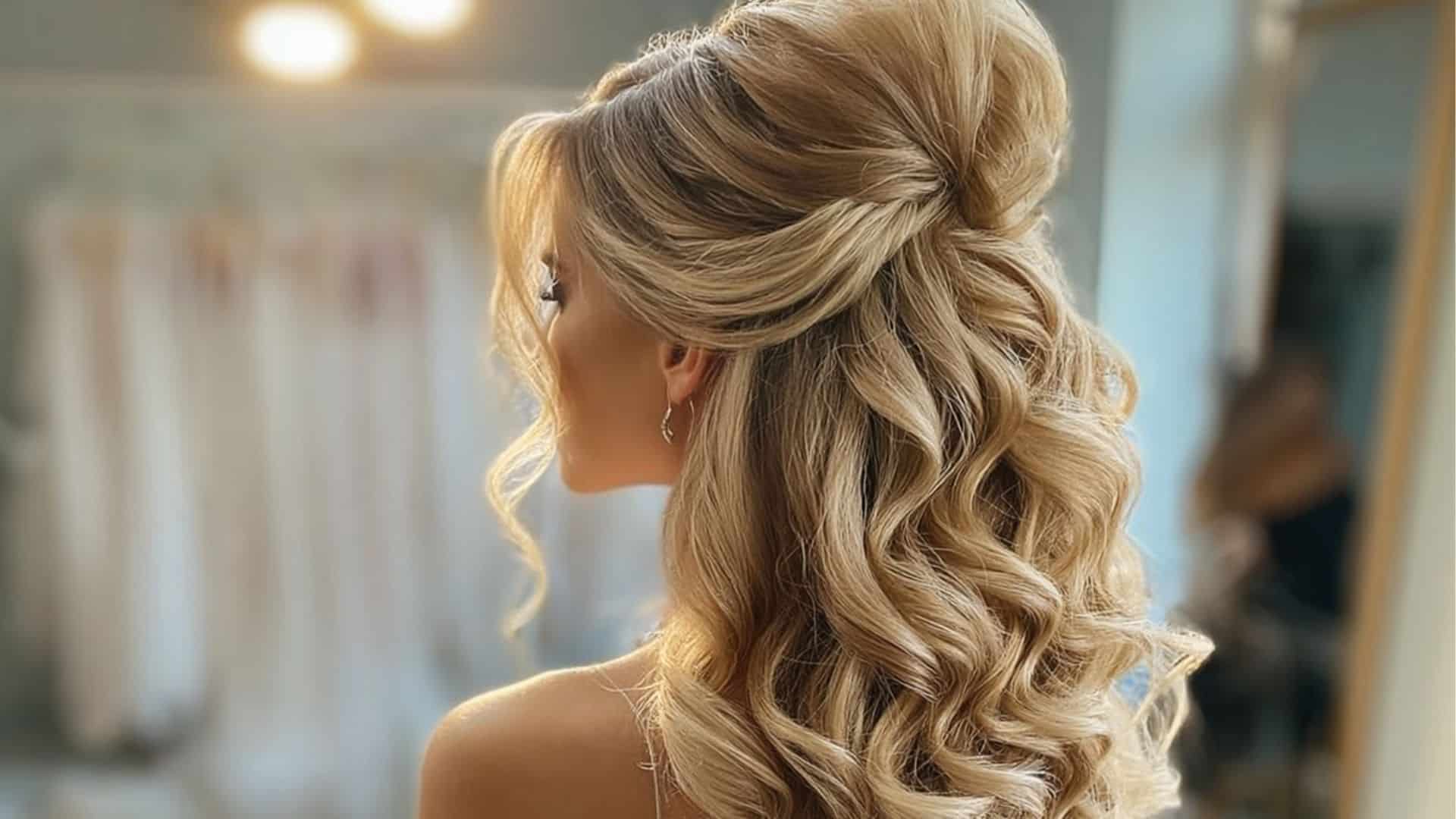 Rear bridal view showing a lifted half up crown with noticeable height and loose curls below in natural daylight