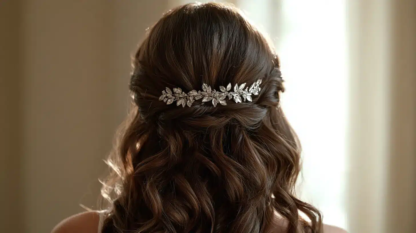 Rear bridal view with a decorative hair comb centered over a pinned half up section and curls in soft daylight