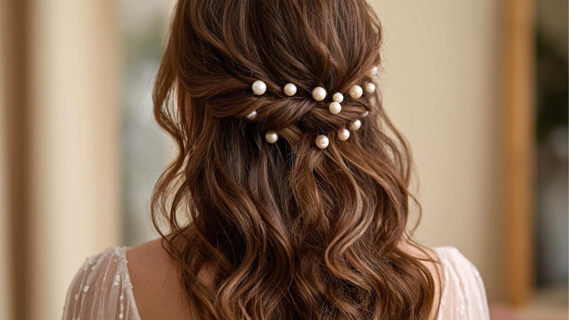 Rear bridal view with pearl pins scattered across a twisted half up section above soft curls in natural daylight