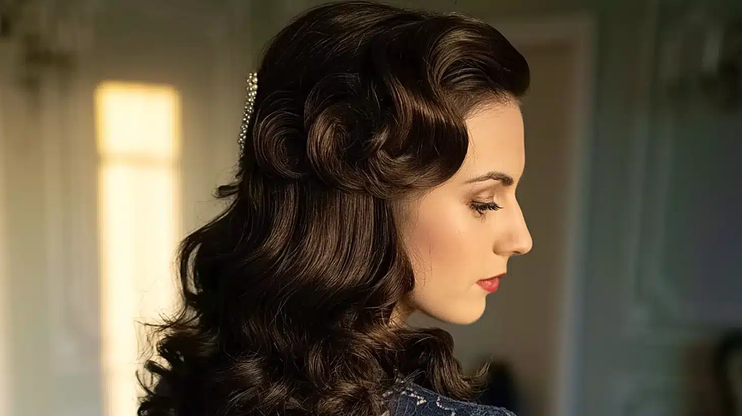 Rear bridal view with vintage structured waves and retro pin curl details in a half up style in natural daylight