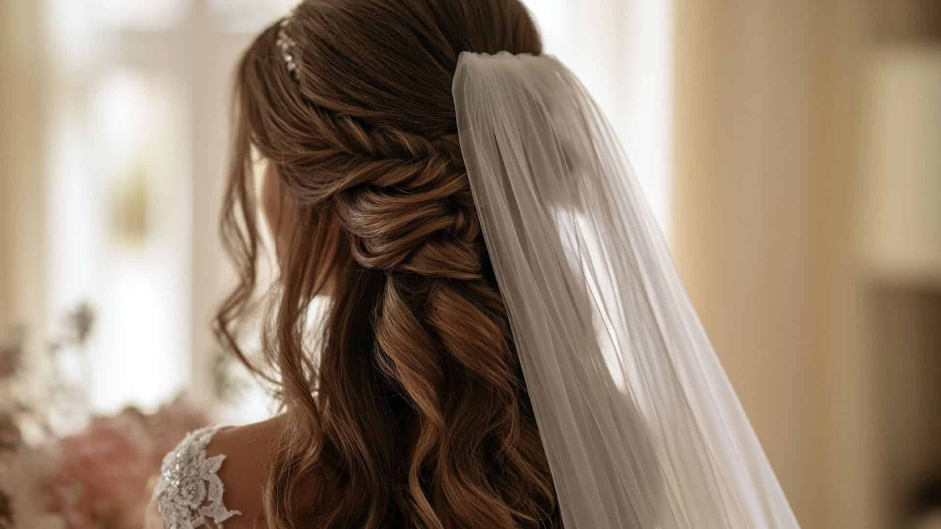 Rear view of a bride wearing a veil beneath pinned half up curls on long warm brown hair with natural flyaways