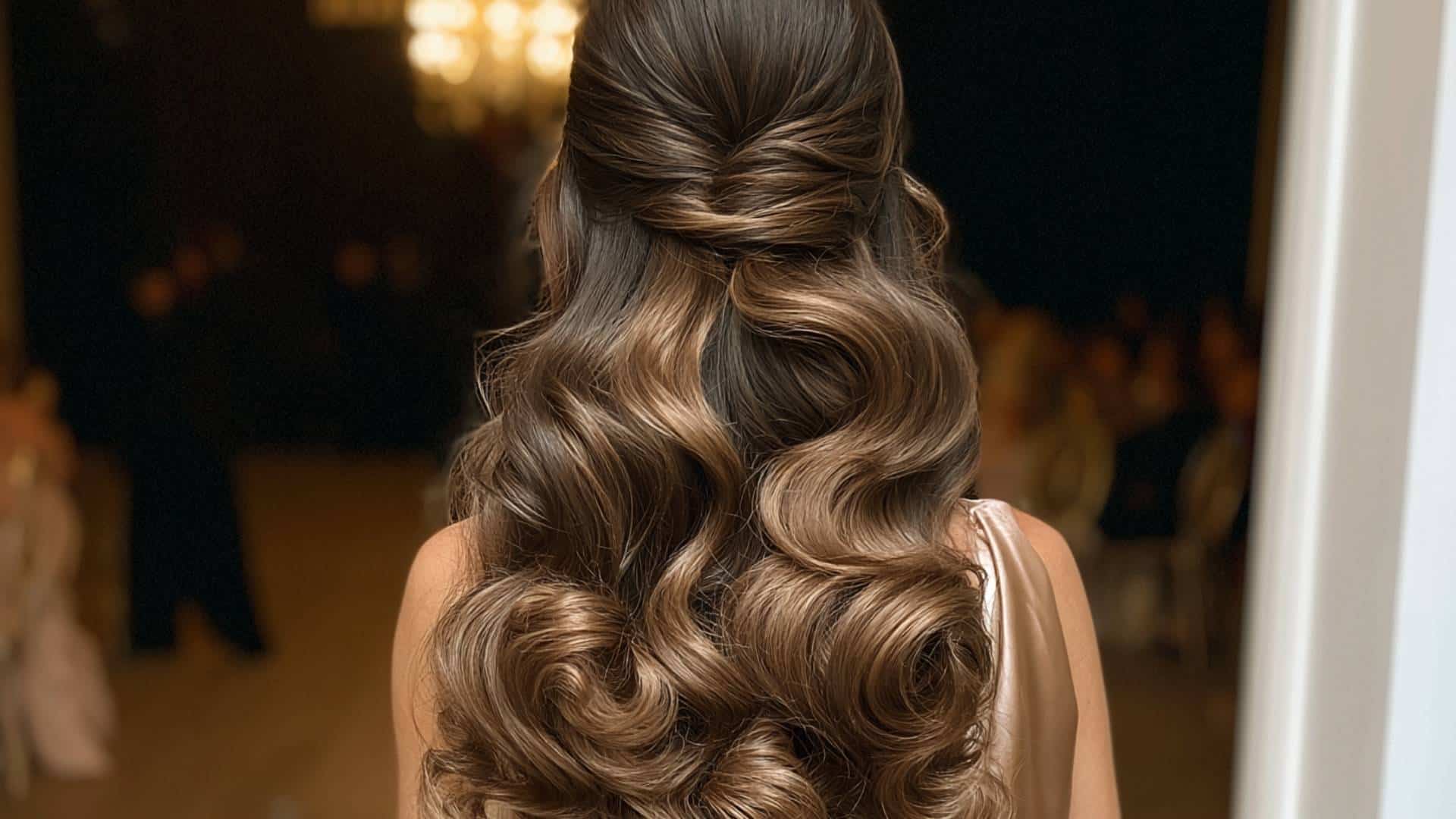 Rear view of a bride with a pinned half up crown and full glossy Hollywood curls below with soft natural shine