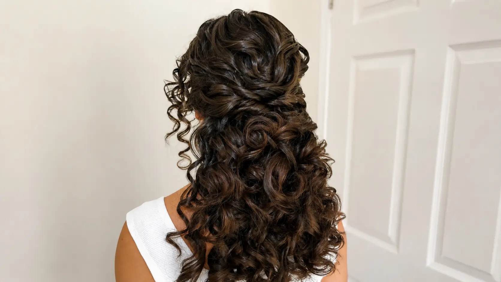 Rear view of a bride with natural curls worn half up, preserving defined coils and textured volume in soft daylight