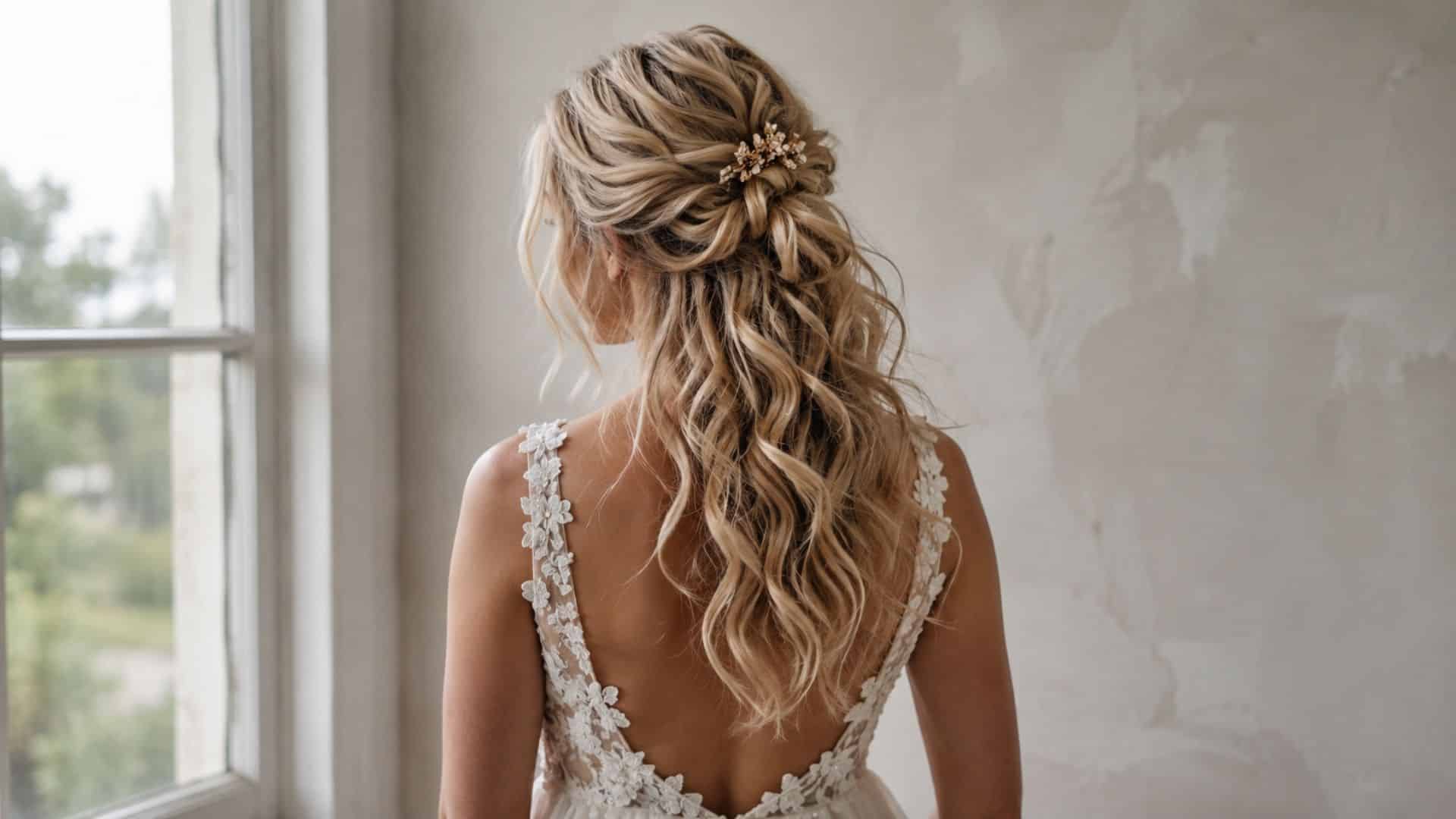 Rear view of a bride with textured dark blonde half up hair, loose uneven waves, wispy strands, and a floral hair pin