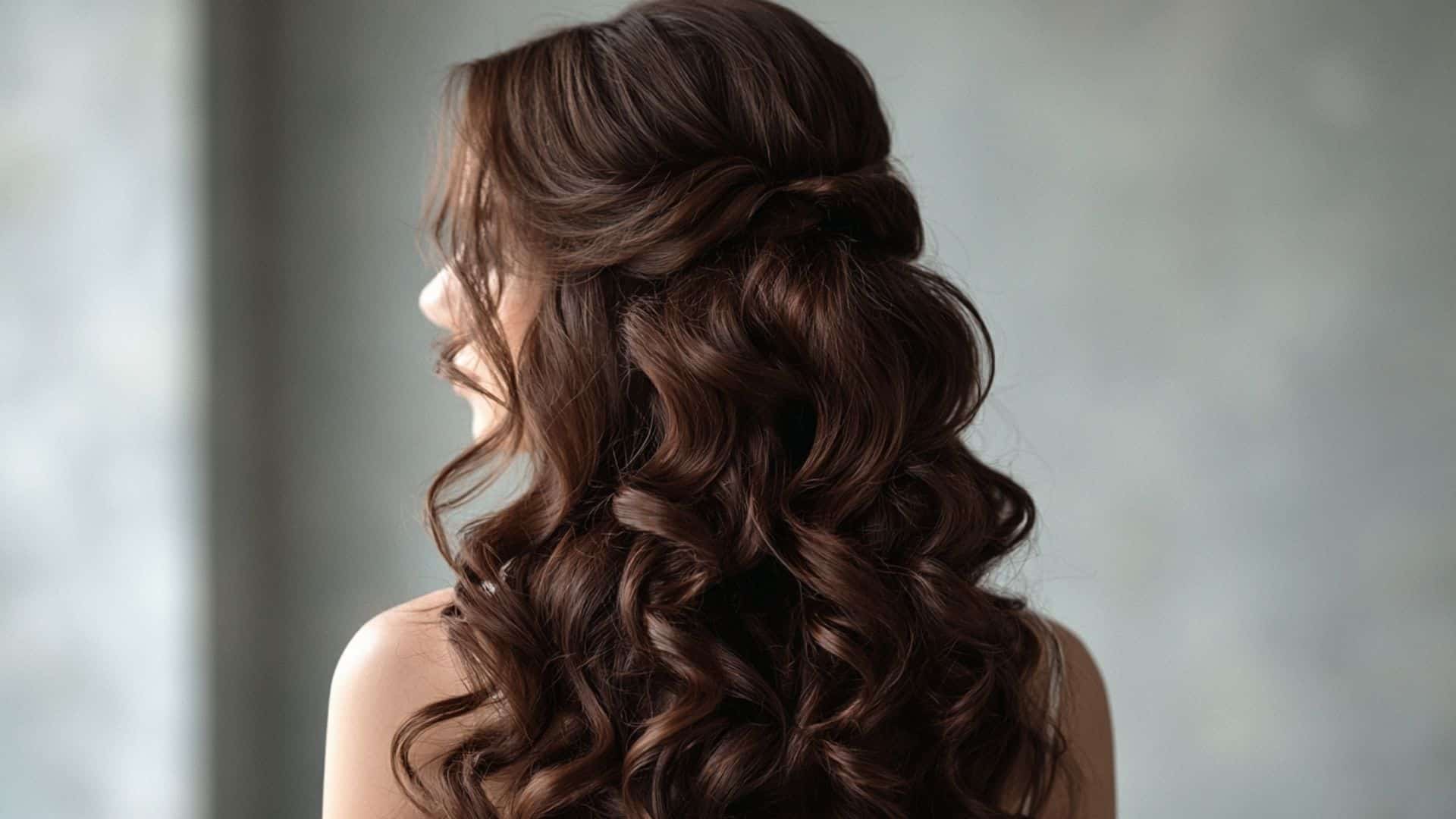Rear view of bridal hair with a lifted half up ponytail and full curls cascading down the back in soft daylight