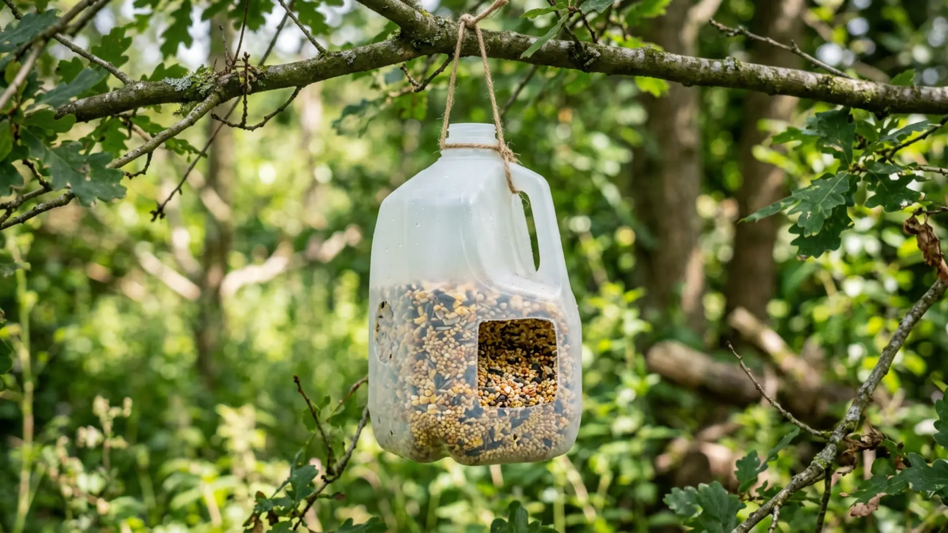 Recycled plastic bottle bird feeder hanging from a tree branch with bird seeds inside surrounded by greenery
