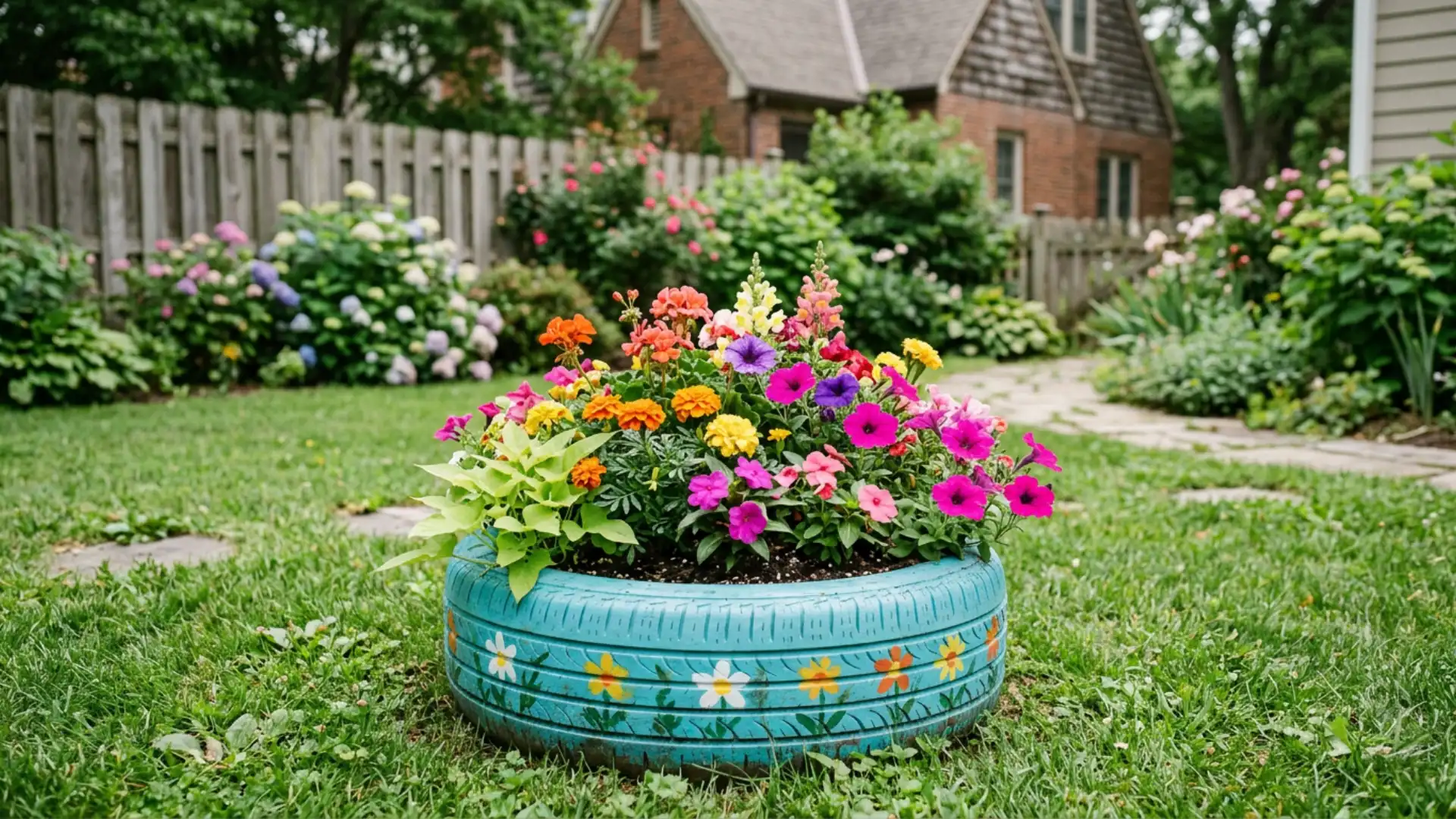 Recycled tire planter painted blue with flowers creating a colorful garden feature in a green outdoor landscape