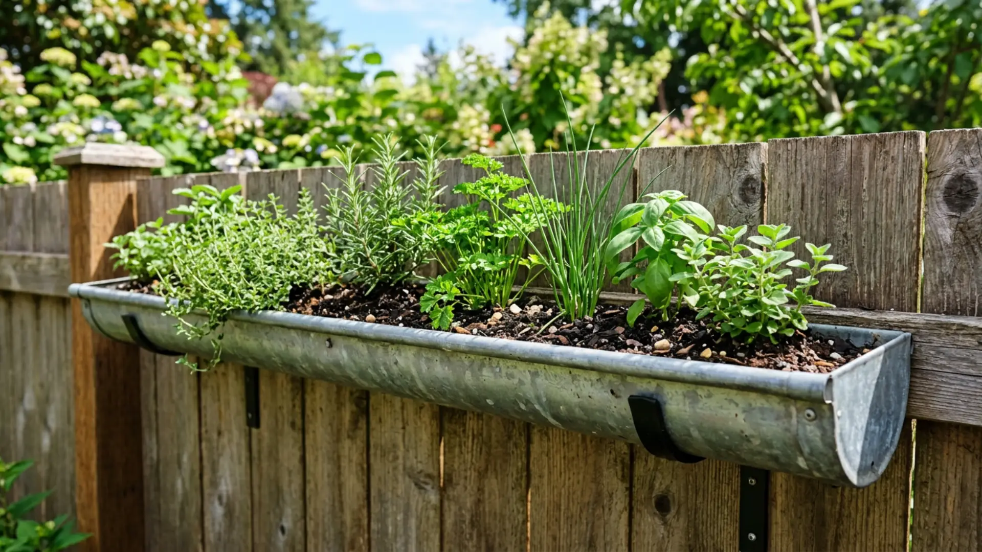 Repurposed gutter planter filled with fresh herbs along a wooden fence creating a creative vertical garden display