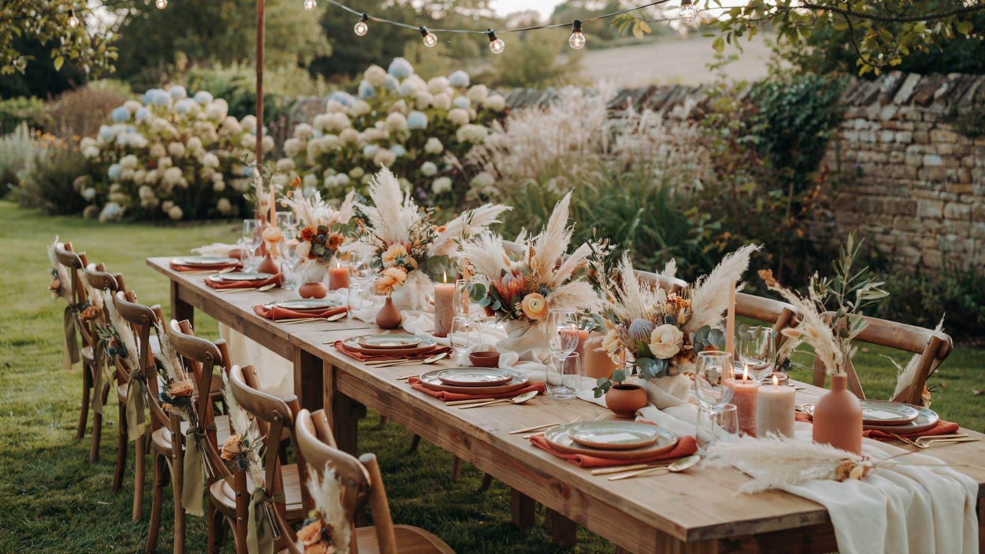 Romantic wedding tablescape with blush roses, eucalyptus leaves, handwritten place cards, and candlelit floral arrangements